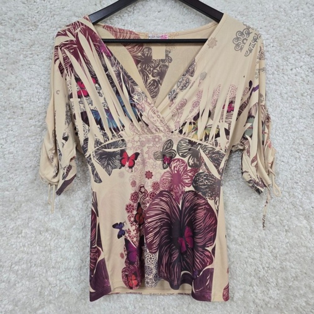 Body Central‎ Butterfly Floral Top Womens Medium Tan Purple Cinched Sleeve Y2K